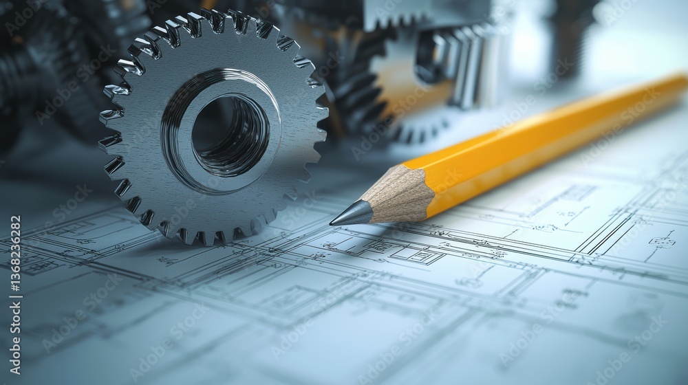 Poster engineering process visualization workshop blueprint analysis industrial environment close-up mechan