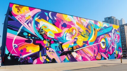 A massive graffiti mural on an urban wall, bursting with neon and pastel colors, showcasing an energetic, contemporary art style