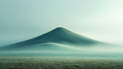 Serene mist-covered hill in a tranquil landscape with soft green hues and distant fog