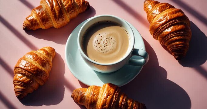 Flat lay arrangement of a coffee cup and fresh croissants on a shadowed background. Innovative design and idea of healthy food and breakfast. Overhead view.