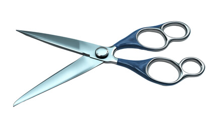 Professional blue handled hairdressing scissors lying open on white background