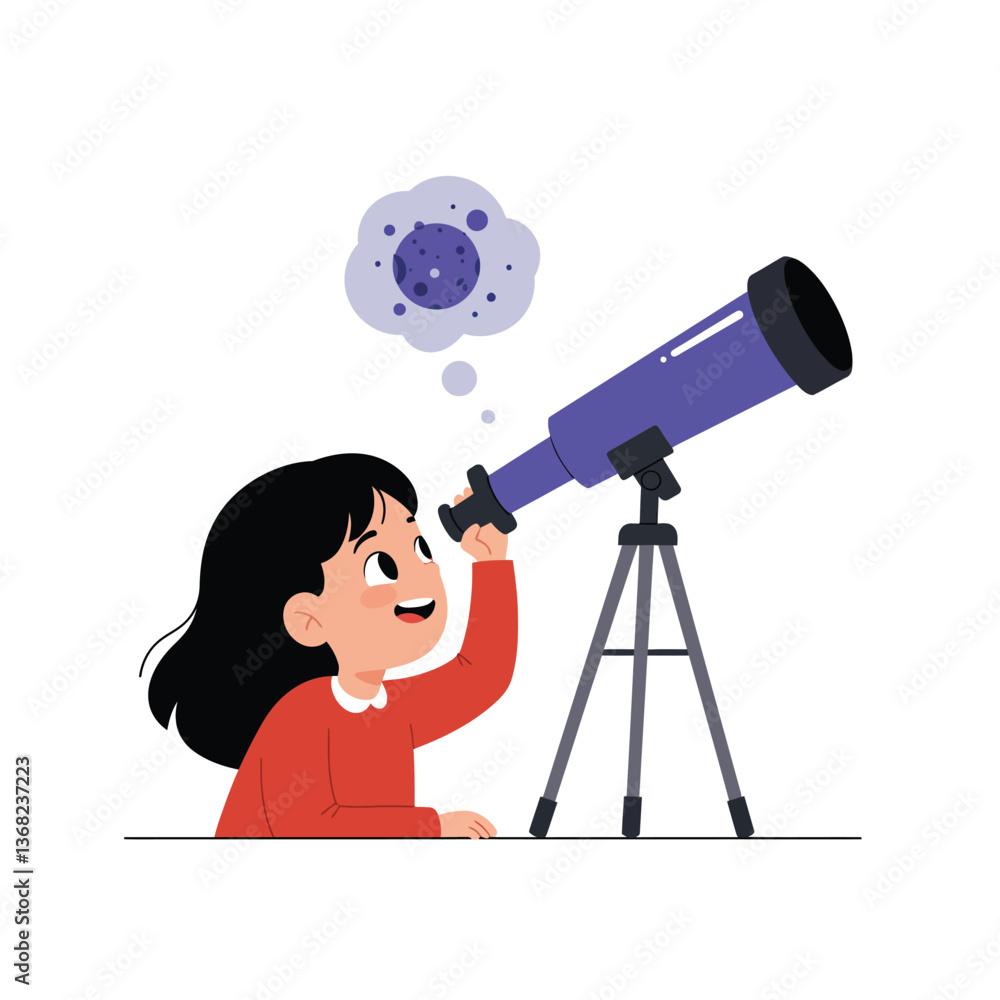 Poster girl observing the universe through a telescope in flat vector art