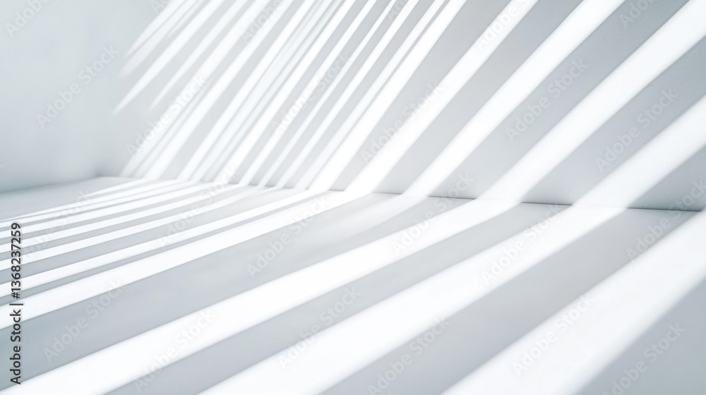 Poster white room corner with diagonal light stripes creating shadows on the walls and floor in an empty sp