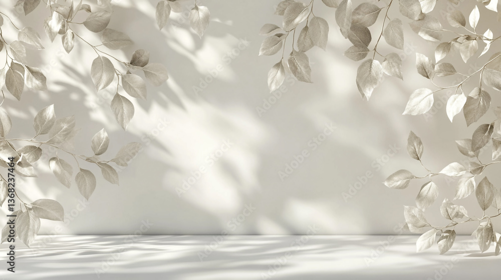 Poster minimalist backdrop with white leaves casting shadows on a wall and a platform surface below it