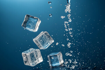 Falling ice cubes. In the air. blue background.
