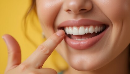 Naklejka premium Close-up of woman smiling and pointing to her healthy white teeth