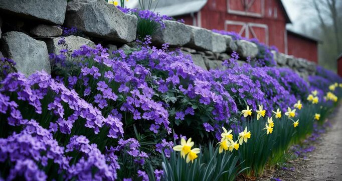Cushion perennials create a violet carpet of flowers.