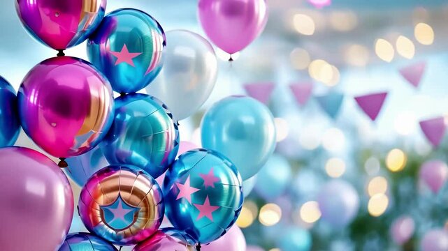 Vibrant pink and blue balloons with stars for a festive celebration