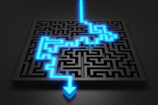 Glowing blue path with an arrow successfully passing through a maze on a black background. Illustration of the concept of solutions, success, and achievement