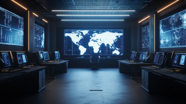 A high-tech control room with monitors displaying a global network map. - Powered by Adobe