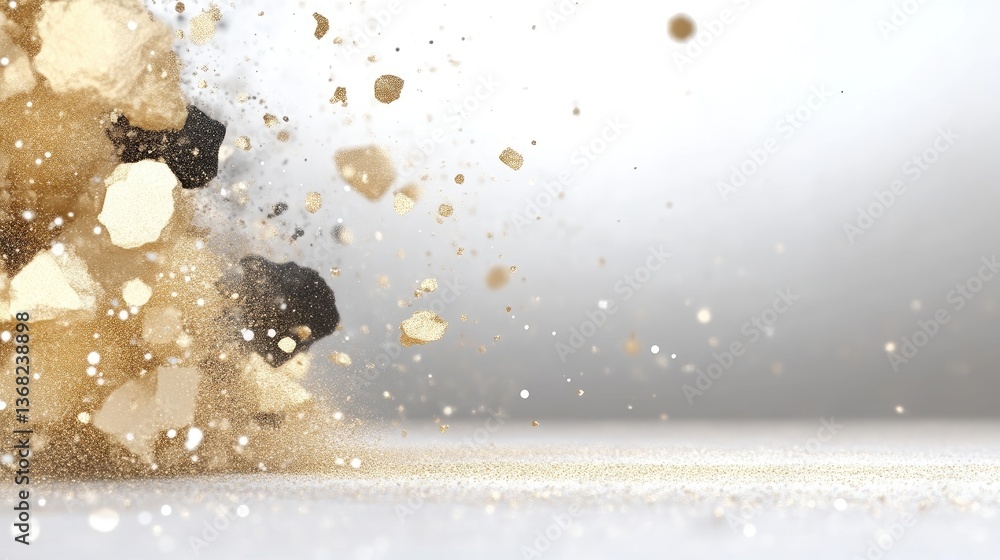 Fototapete gold and beige explosion on a light grey background. particles of varying sizes are dispersing, crea