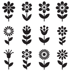 Flowers icon set. Flowers isolated on transparent background. Flowers in modern simple. Cute round flower plant nature collection. Silhouette Vector Black illustrator.