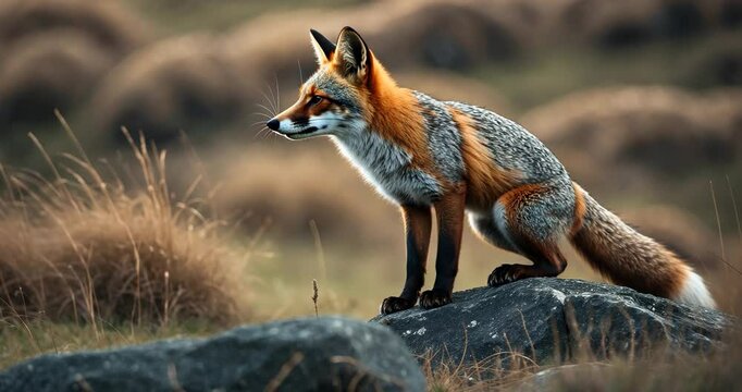 A wild island fox, seldom seen, is on the hunt for food.