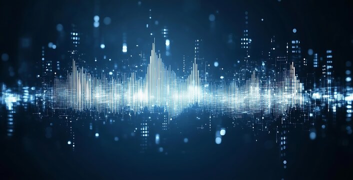 Abstract blue digital sound waves with a binary code background
