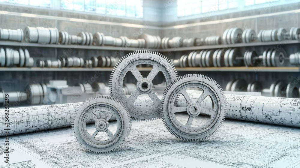 Poster machinery display featuring gears and blueprints in an industrial workshop environment close-up pers