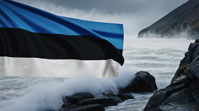 Estonian flag blending with water waves, waving in the wind, mist flowing in background - Powered by Adobe