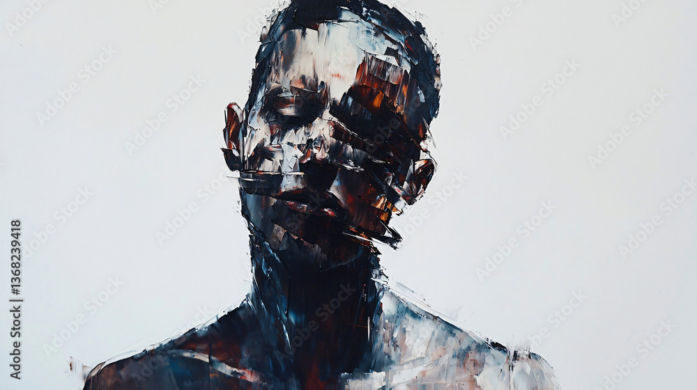 Poster abstract representation of a man holding a cigarette with emphasis on fragmented human form and arti