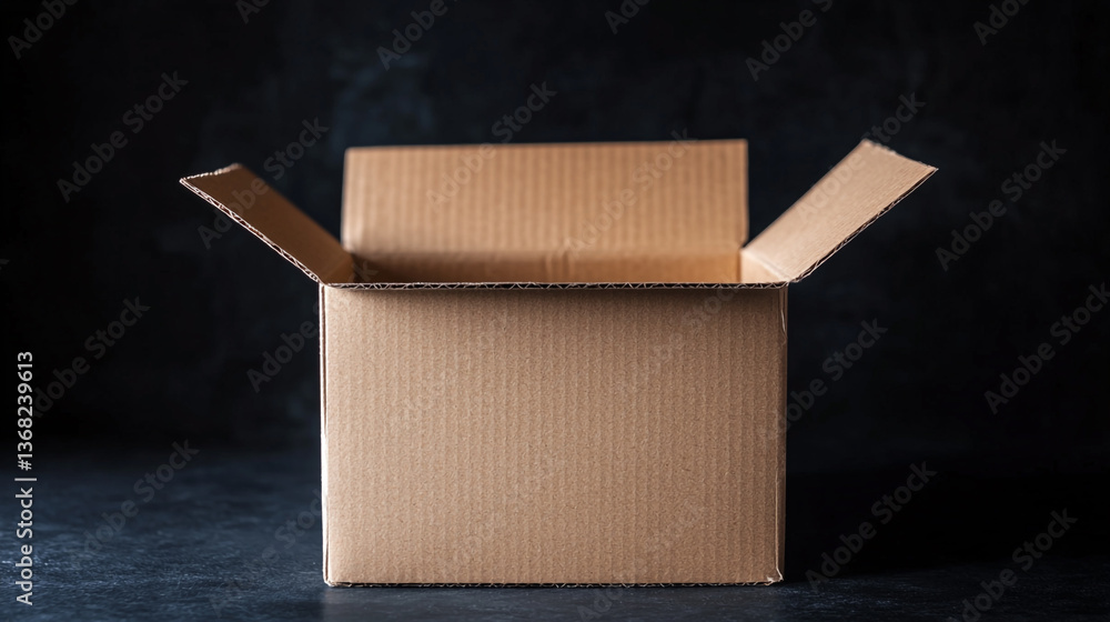Poster a cardboard box is open on a dark surface with the flaps up and the inside of the box visible