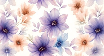 Fototapeta premium A dreamy floral watercolor pattern with lilac, periwinkle, and pale peach tones, AI Generated
