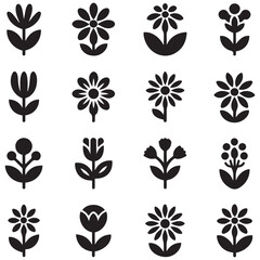 Obraz premium Flowers icon set. Flowers isolated on transparent background. Flowers in modern simple. Cute round flower plant nature collection. Silhouette Vector Black illustrator.