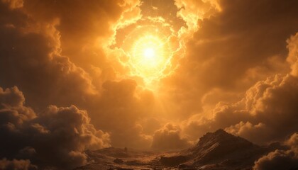 Golden Light Shining Through Clouds Over Rocky Landscape Creating a Sense of Awe