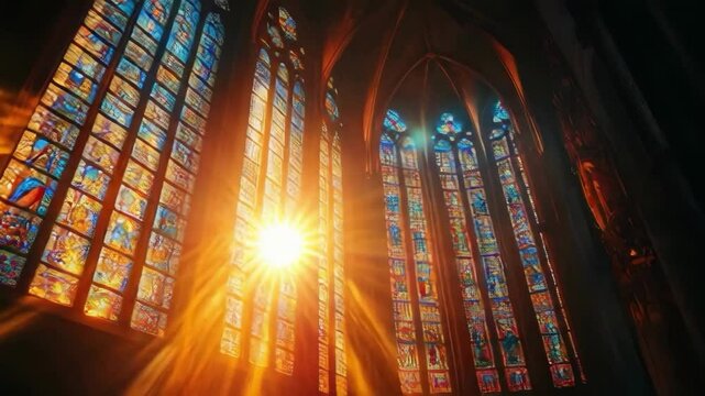 The sun is shining through the stained glass windows of a church. The light is casting a warm glow on the walls and floor. The scene is peaceful and serene, and it evokes a sense of calm