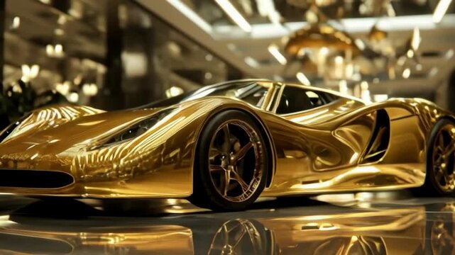 A gold car is shown in a room with a gold ceiling. The car is shiny and reflective, giving off a luxurious and elegant vibe