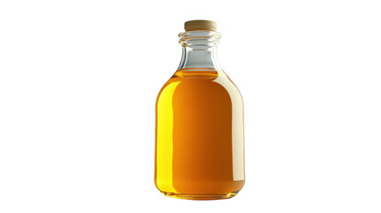 Glass bottle containing golden liquid with cork stopper on white background
