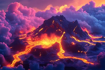 An isometric volcanic island with molten lava rivers and ash clouds, creating a scene of raw, untamed power in a fiery landscape