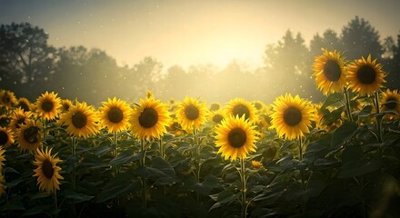A fantasy-inspired floral meadow with golden sunflowers and enchanted mist, AI Generated