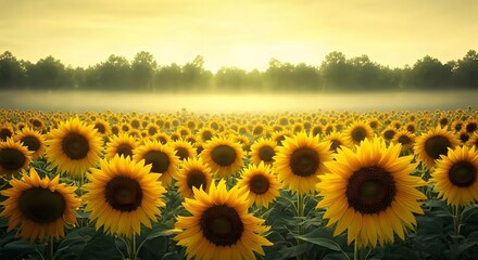 Fototapeta premium A fantasy-inspired floral meadow with golden sunflowers and enchanted mist, AI Generated