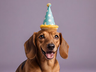 Happy Dachshund Dog with Birthday Hat and Cupcake on a Purple Background