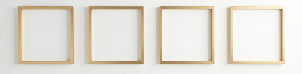 Minimalist white wall with four empty golden frames, room, decorative