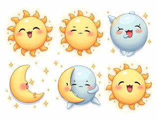 Fototapeta premium Set of cute sun and moon characters with kawaii faces and stars