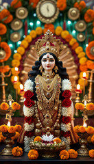 Fototapeta premium Navaratri product display background podium, Divine Durga Glow, gold and red, Goddess Durga, jewellery and flowers, glowing diyas, oil lamps, temple bells, marigold garlands, sacred, festive ambiance