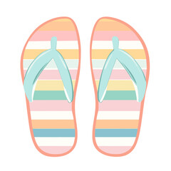 Striped pastel flip flops with blue straps on white background

