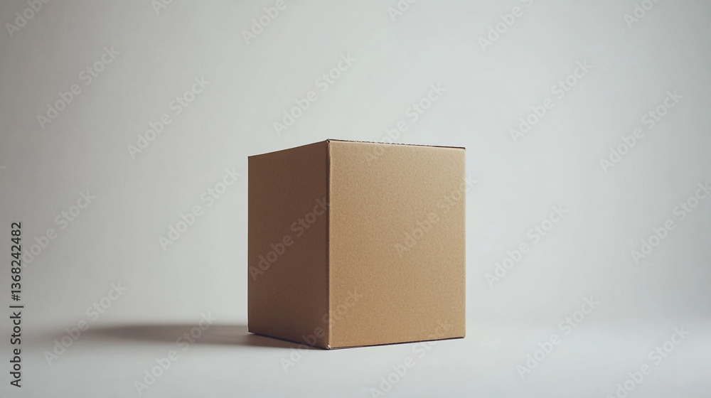 Poster a single brown cardboard box sitting on a white surface in a studio setting with soft lighting