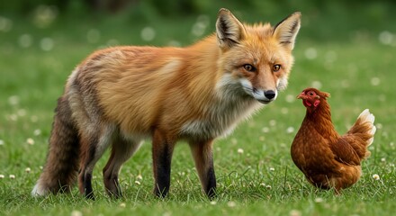 Fototapeta premium Red fox intently stares at curious chicken soft light outdoor scene. AI Generated