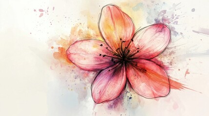 Watercolor Cherry Blossom Illustration with Artistic Splatters and Delicate Details