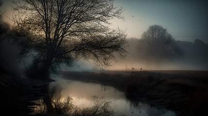 Serene misty morning by a tranquil stream with silhouetted trees and soft light