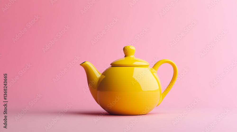 Poster A yellow teapot with a lid and handle on a pink background in a studio setting with soft lighting