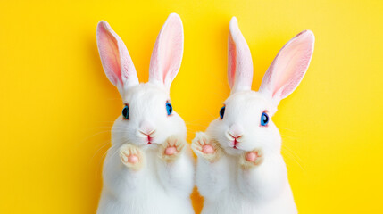 Obraz premium Two white bunnies with blue eyes on yellow background.