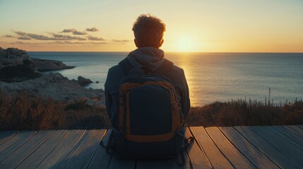 Fototapeta premium A contemplative person with a backpack watches a vibrant sunset over the calm sea, surrounded by nature's beauty