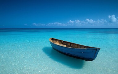 Fototapeta premium Tranquil blue boat on azure ocean