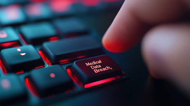 A close-up of a finger pressing a keyboard key labeled "Medical Data Breach," highlighting concerns over cybersecurity in healthcare, health info records management.