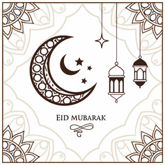 Eid Mubarak Islamic White Luxury Ornamental Moon Background with Islamic Pattern and Decorative Lantern Ornaments
