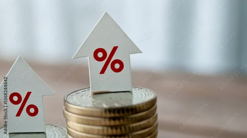 Poster stacks of coins with percentage arrows and a calculator on a wooden surface showing growth trend