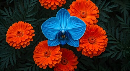 A high-contrast floral pattern with electric blue orchids and bright orange marigolds, AI Generated
