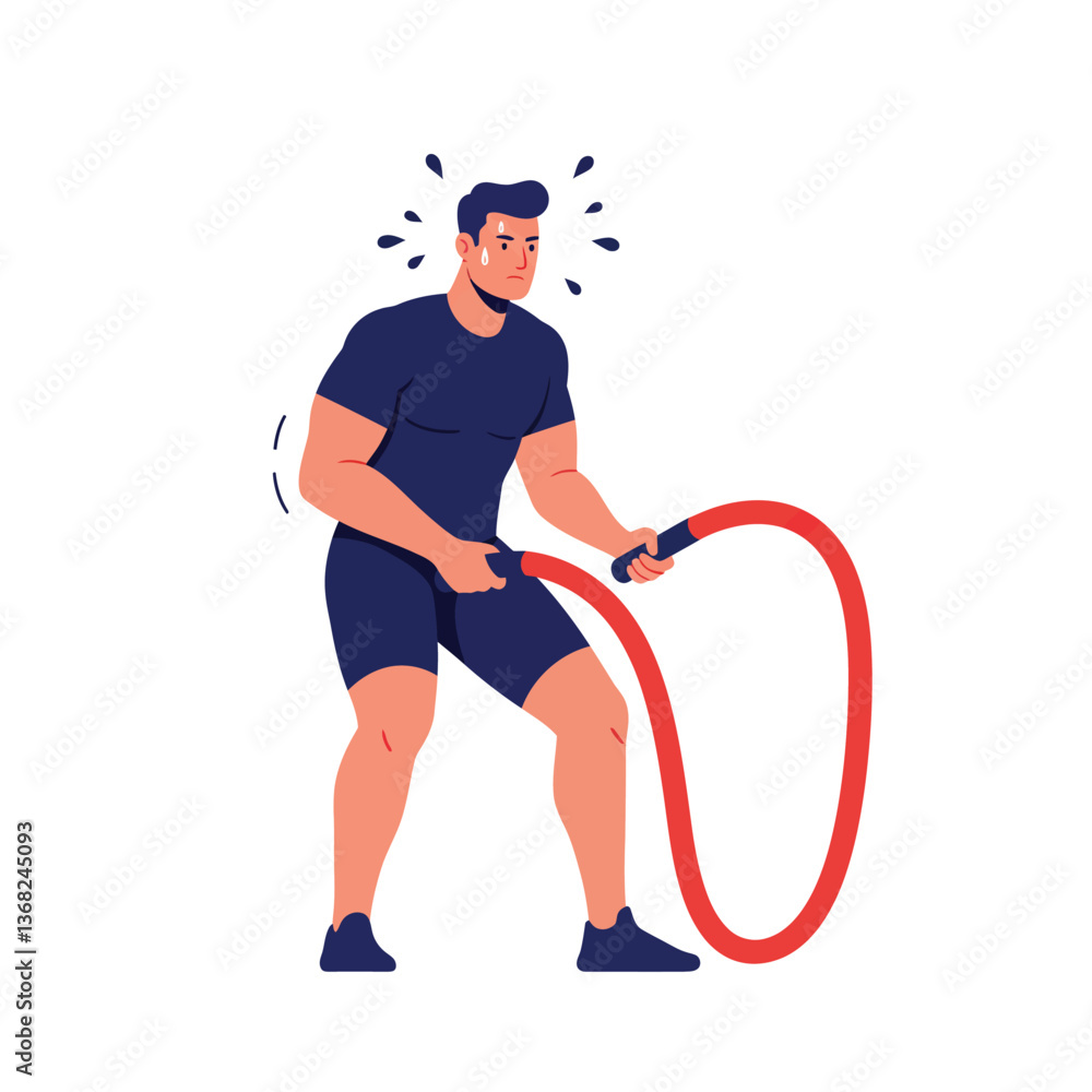 Poster fit man exercising with battle rope in flat style vector art