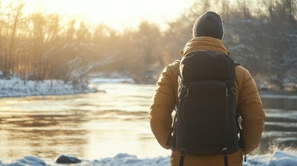 Fototapeta premium A person in a yellow jacket and beanie stands by a snowy river at sunset, reflecting on the serene landscape